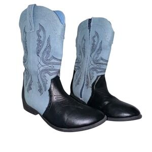 Kids Cowboy‎ Boots Blue Denim Black Faux Leather Western Embroidery Zip Up